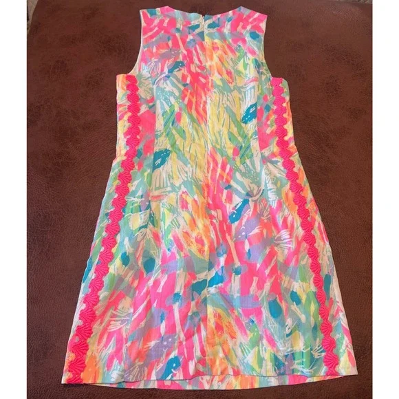 Lilly Pulitzer Shift Dress 0 Pink Blue Abstract Floral Shell Trim Sleeveless - Picture 6 of 6